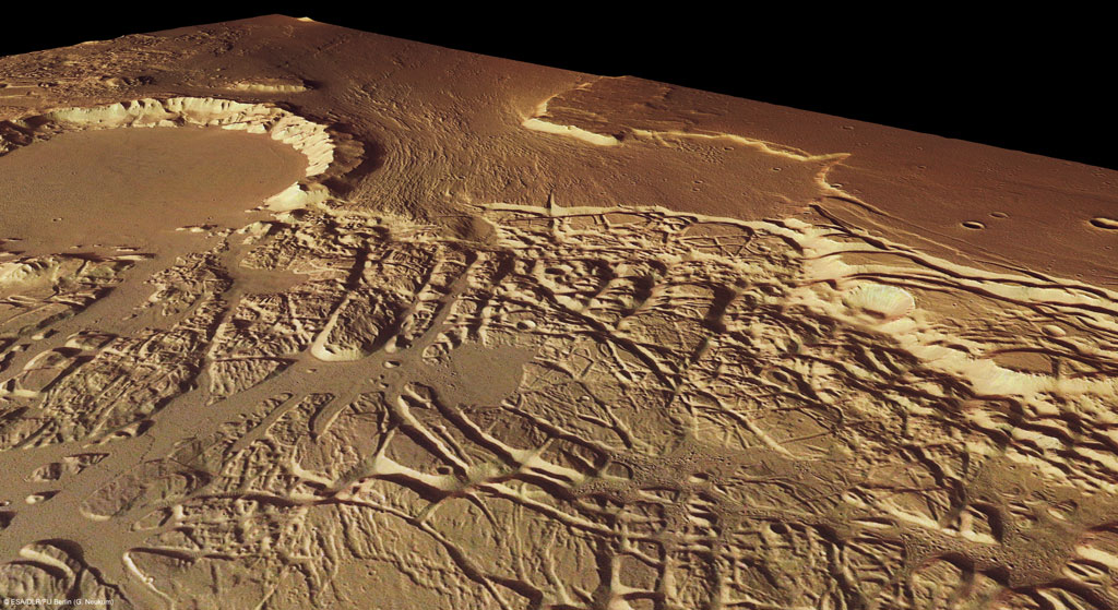 Kasei Valles and Sacra Fossae, in perspective. Credit: ESA Kasei Valles and Sacra Fossae, in perspective. Credit: ESA