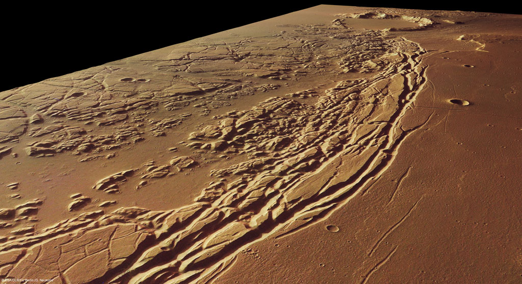 Kasei Valles and Sacra Fossae, in perspective. Credit: ESA Kasei Valles and Sacra Fossae, in perspective. Credit: ESA