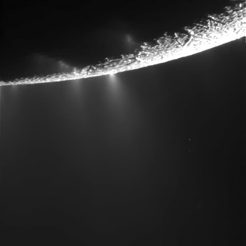 Enceladus south polar region, where jets of water vapor and other particles spew from fissures on the surface. Credit: NASA Enceladus south polar region, where jets of water vapor and other particles spew from fissures on the surface. Credit: NASA