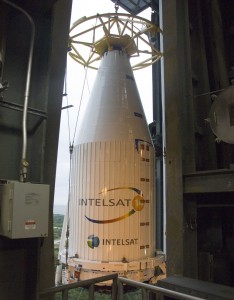 A United Launch Alliance Atlas V four meter fairing with the Intelsat-14 spacecraft. Credit: ULA