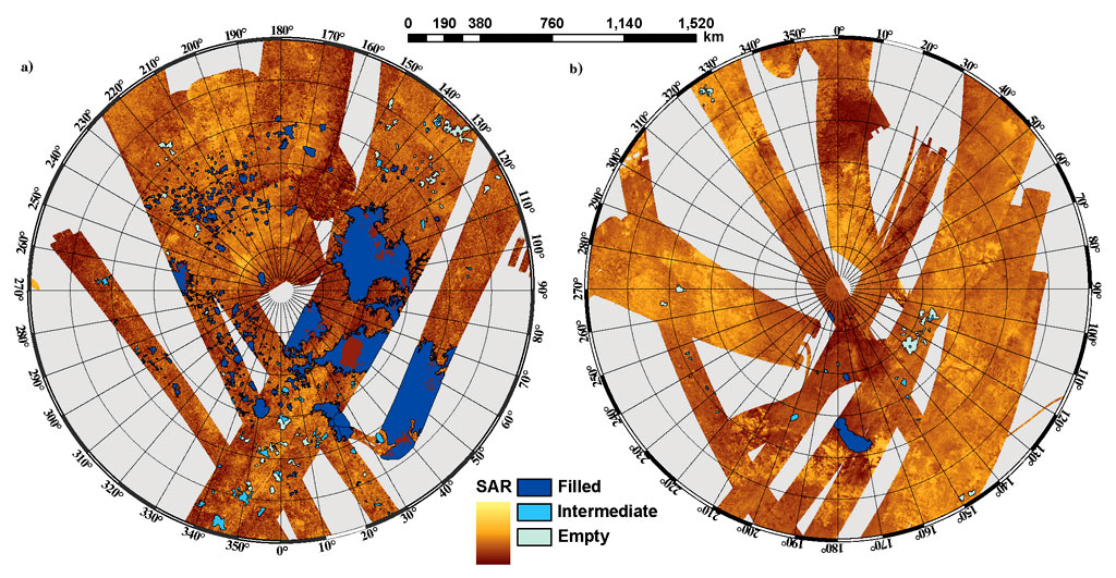 The northern and southern hemispheres of Titan, showing the great disparity between the abundance of lakes in the north and their paucity in the south. Credit: NASA/JPL/Caltech The northern and southern hemispheres of Titan, showing the great disparity between the abundance of lakes in the north and their paucity in the south. Credit: NASA/JPL/Caltech