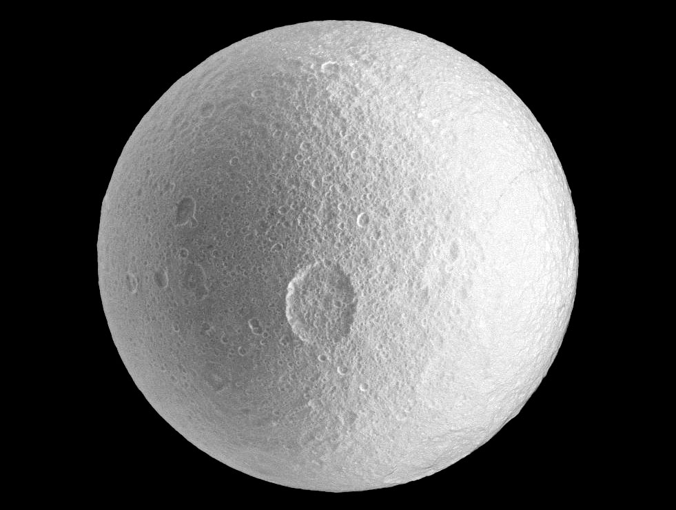 The Cassini spacecraft spies the large Penelope crater on Saturn's moon Tethys. Credit: NASA/JPL/Space Science Institute The Cassini spacecraft spies the large Penelope crater on Saturn's moon Tethys. Credit: NASA/JPL/Space Science Institute