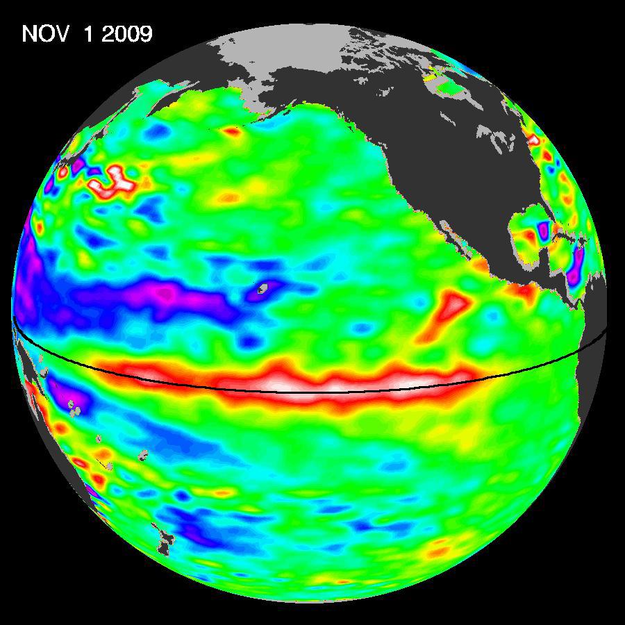 This image was created with data collected by the U.S./French satellite during a 10-day period centered on November 1, 2009. It shows a red and white area in the central and eastern equatorial Pacific that is about 10 to 18 centimeters (4 to 7 inches) above normal. Credit: NASA/JPL This image was created with data collected by the U.S./French satellite during a 10-day period centered on November 1, 2009. It shows a red and white area in the central and eastern equatorial Pacific that is about 10 to 18 centimeters (4 to 7 inches) above normal. Credit: NASA/JPL