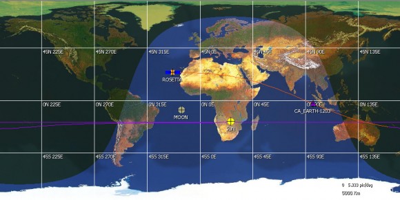 The regions where Rosetta will be visible to observers from the ground. Image Credit: ESA The regions where Rosetta will be visible to observers from the ground. Image Credit: ESA