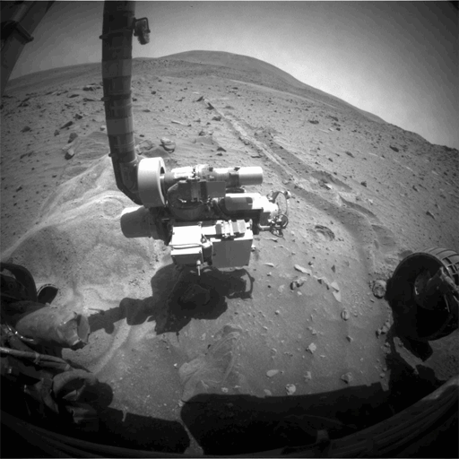 This is from Spirit's forward hazcam, from sols 2078 and 2079. You can see the buried wheel in the bottom left portion of the image. Credit: NASA / JPL / animation by Damien Bouic This is from Spirit's forward hazcam, from sols 2078 and 2079. You can see the buried wheel in the bottom left portion of the image. Credit: NASA / JPL / animation by Damien Bouic