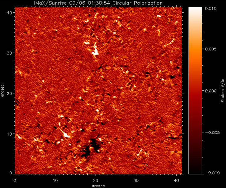 The IMaX instrument not only depicts the solar surface, it also makes magnetic fields visible; these appear as black or white structures in the polarised light. SUNRISE enables tiny magnetic fields on the surface of the Sun to be measured at a level of detail never before achieved. Credit: MPS/IMAX consortium The IMaX instrument not only depicts the solar surface, it also makes magnetic fields visible; these appear as black or white structures in the polarised light. SUNRISE enables tiny magnetic fields on the surface of the Sun to be measured at a level of detail never before achieved. Credit: MPS/IMAX consortium