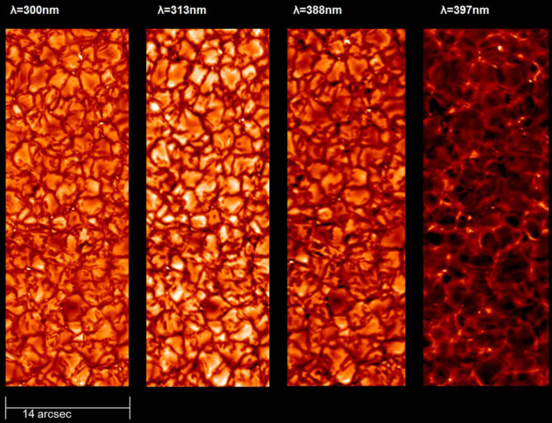 Grainy sun: the images show the so-called granulation in four different wavelengths in near ultraviolet light. The image section depicts 1/20,000 of the entire surface. The smallest recognisable structures have an angular resolution equal to that of looking at a coin from a distance of 100 kilometres. The light structures are the foundational elements of the magnetic fields. Credit: MPI for Solar System Research Grainy sun: the images show the so-called granulation in four different wavelengths in near ultraviolet light. The image section depicts 1/20,000 of the entire surface. The smallest recognisable structures have an angular resolution equal to that of looking at a coin from a distance of 100 kilometres. The light structures are the foundational elements of the magnetic fields. Credit: MPI for Solar System Research