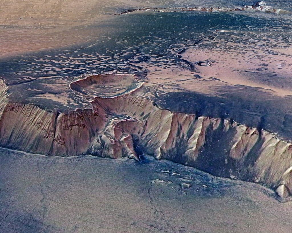 Planetary scientists believe that waterfalls may have once cascaded down these steep cliffs at Echus Chasma on Mars. Mars has many desiccated landscapes like this one, thought to have been sculpted by abundant water in the distant past. Credit: Mars Express/ESA. Planetary scientists believe that waterfalls may have once cascaded down these steep cliffs at Echus Chasma on Mars. Mars has many desiccated landscapes like this one, thought to have been sculpted by abundant water in the distant past. Credit: Mars Express/ESA.