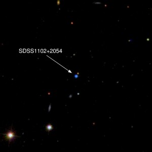 Sloan Digital Sky Survey spectroscopy of this inconspicuous blue object — SDSS1102+2054 — reveals it to be an extremely rare stellar remnant: a white dwarf with an oxygen-rich atmosphere Sloan Digital Sky Survey spectroscopy of this inconspicuous blue object — SDSS1102+2054 — reveals it to be an extremely rare stellar remnant: a white dwarf with an oxygen-rich atmosphere