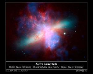 8x10.ai This image is a composite of multi-wavelength images of the active galaxy M82 from the three Great Observatories: Hubble Space Telescope, Chandra X-Ray Observatory, and Spitzer Space Telescope. X-ray data recorded by Chandra (courtesy of NASA/CXC/JHU/D.Strickland) appears here in blue; infrared light recorded by Spitzer (courtesy of NASA/JPL-Caltech/C. Engelbracht (University of Arizona)) appears in red; Hubble's observations (courtesy of NASA, ESA, and The Hubble Heritage Team (STScI/AURA)) of hydrogen emission appears in orange, and the bluest visible light appears in yellow-green. Credit: NASA, ESA, CXC, and JPL-Caltech