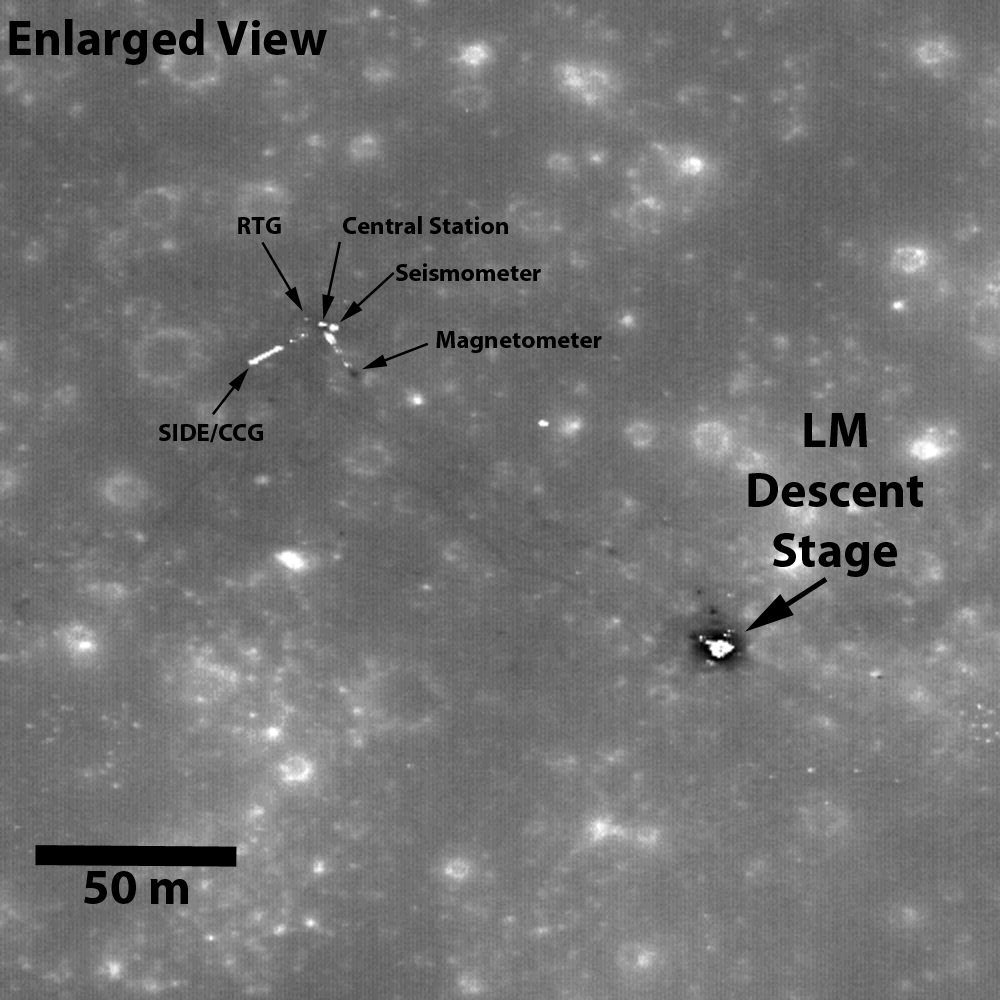 Enlarged view showing details of the Apollo 12 landing site. In the upper left, you can see the Apollo Lunar Surface Experiments Package, or ALSEP. The positions of the ALSEP central station, seismometer, Radioisotope Thermoelectric Generator (RTG), magnetometer, Suprathermal Ion Detector Experiment (SIDE), and Cold Cathode Gauge (CCG) have been highlighted. Credit: NASA Enlarged view showing details of the Apollo 12 landing site. In the upper left, you can see the Apollo Lunar Surface Experiments Package, or ALSEP. The positions of the ALSEP central station, seismometer, Radioisotope Thermoelectric Generator (RTG), magnetometer, Suprathermal Ion Detector Experiment (SIDE), and Cold Cathode Gauge (CCG) have been highlighted. Credit: NASA