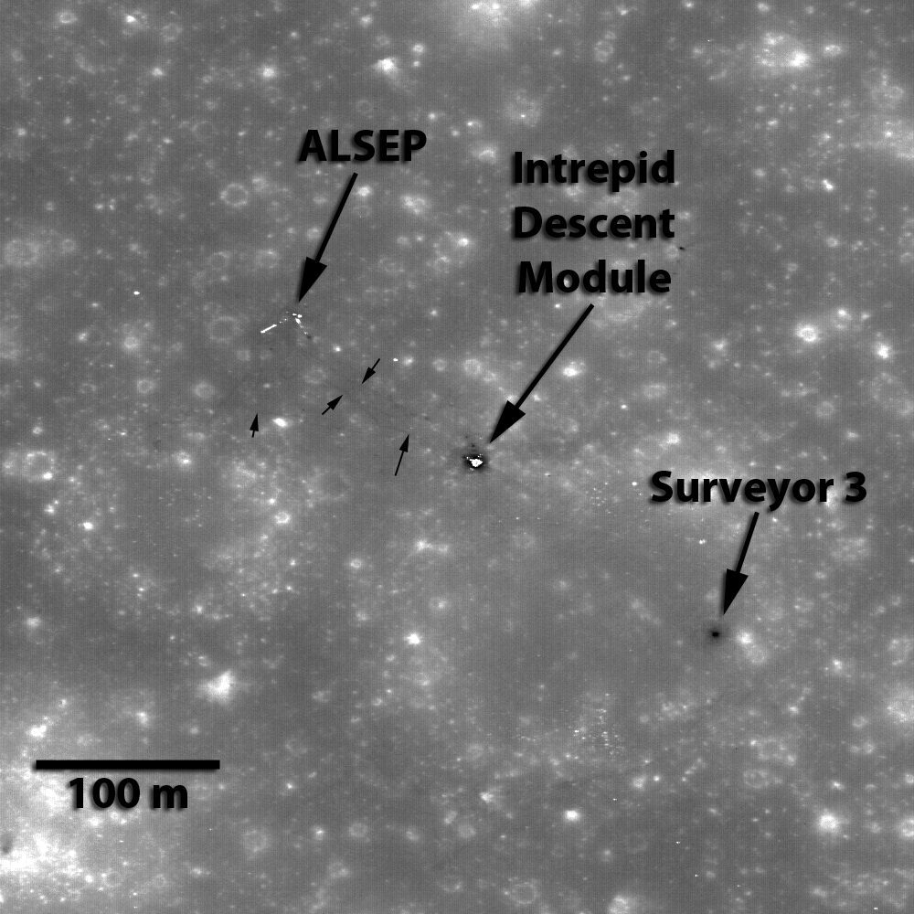 New view of the Apollo 12 landing site in Oceanus Procellarum imaged from the LRO mapping orbit. Small black arrows show locations where astronaut footpaths can be clearly discerned. Image width is 490 meters. Credit: NASA New view of the Apollo 12 landing site in Oceanus Procellarum imaged from the LRO mapping orbit. Small black arrows show locations where astronaut footpaths can be clearly discerned. Image width is 490 meters. Credit: NASA
