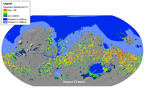 This is a global map depicting the dissection density of valley networks on Mars, in relation to the hypothesized northern ocean. Credit: NIU, LPI This is a global map depicting the dissection density of valley networks on Mars, in relation to the hypothesized northern ocean. Credit: NIU, LPI