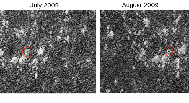 As the sun began to reappear on the horizon following the deepest, darkest days of north polar winter on Mars, the HiRISE camera imaged the Phoenix landing site on July 30, 2009, (left image) and in Aug. 22, 2009 (right). As the sun began to reappear on the horizon following the deepest, darkest days of north polar winter on Mars, the HiRISE camera imaged the Phoenix landing site on July 30, 2009, (left image) and in Aug. 22, 2009 (right).