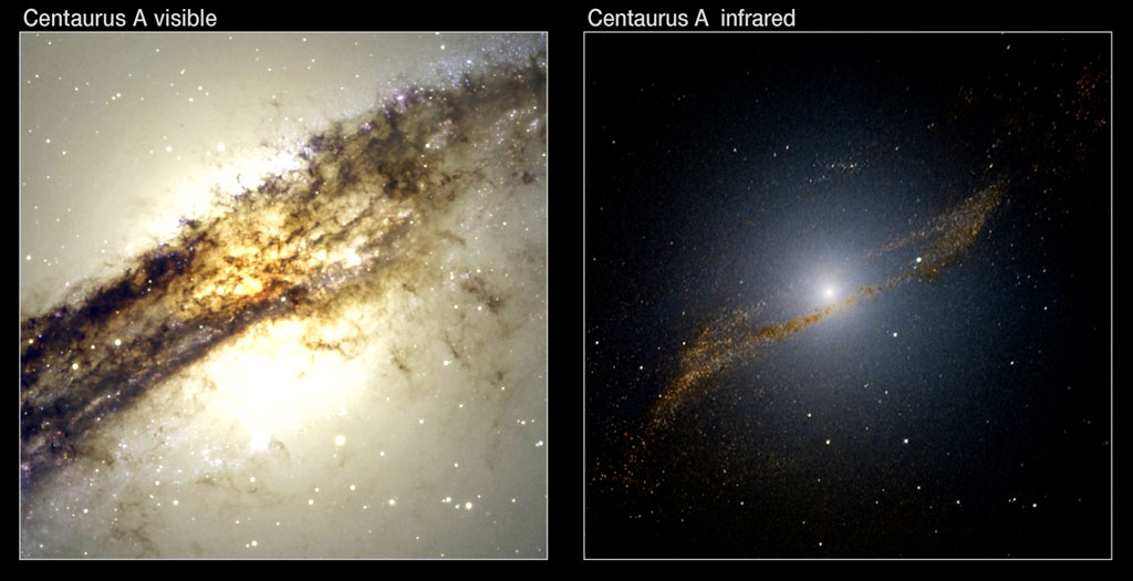 Comparison between a visible-light image (left) of Centaurus A, as seen with the Wide-Field Imager on the MPG/ESO 2.2-metre telescope, and a near-infared view (right) obtained with the SOFI instrument on ESO’s New Technology Telescope, also at La Silla. Credit: ESO Comparison between a visible-light image (left) of Centaurus A, as seen with the Wide-Field Imager on the MPG/ESO 2.2-metre telescope, and a near-infared view (right) obtained with the SOFI instrument on ESO’s New Technology Telescope, also at La Silla. Credit: ESO