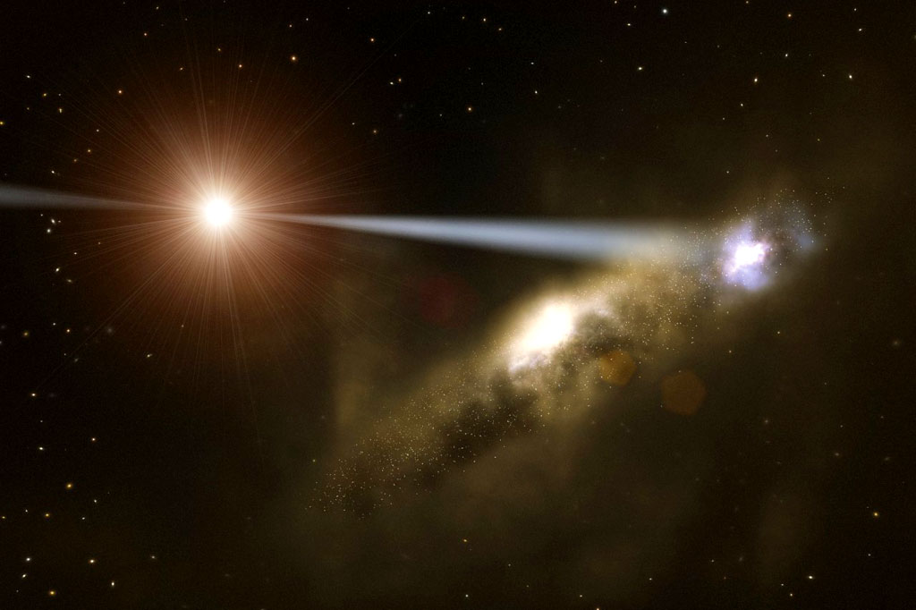 This artist’s impression shows how jets from supermassive black holes could form galaxies, thereby explaining why the mass of black holes is larger in galaxies that contain more stars. Credit: ESO This artist’s impression shows how jets from supermassive black holes could form galaxies, thereby explaining why the mass of black holes is larger in galaxies that contain more stars. Credit: ESO