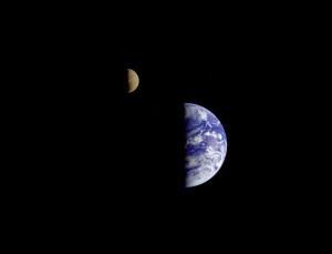 On December 16, 1992, 8 days after its encounter with Earth, the Galileo spacecraft looked back from a distance of about 6.2 million kilometers (3.9 million miles) to capture this remarkable view of the Moon in orbit about Earth. Image credit: NASA/JPL On December 16, 1992, 8 days after its encounter with Earth, the Galileo spacecraft looked back from a distance of about 6.2 million kilometers (3.9 million miles) to capture this remarkable view of the Moon in orbit about Earth. Image credit: NASA/JPL