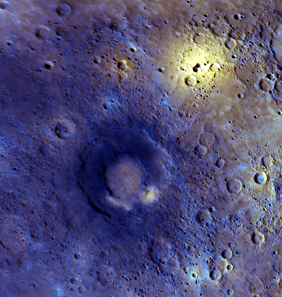 Selected features revealed during MESSENGER’s third flyby. This enhanced-color view was created with a statistical technique that highlights subtle color variations seen in the 11 filters of MESSENGER’s wide-angle camera that are often related to composition. Credit: NASA Selected features revealed during MESSENGER’s third flyby. This enhanced-color view was created with a statistical technique that highlights subtle color variations seen in the 11 filters of MESSENGER’s wide-angle camera that are often related to composition. Credit: NASA