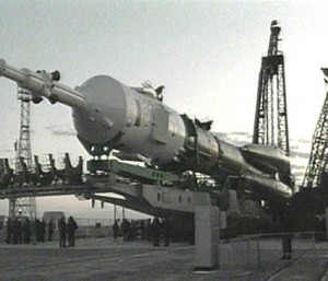 160328main_exp22_tma17_small The Soyuz TMA-17 spacecraft arrives at its launch pad early Friday morning at the Baikonur Cosmodrome in Kazakhstan. Credit: NASA TV