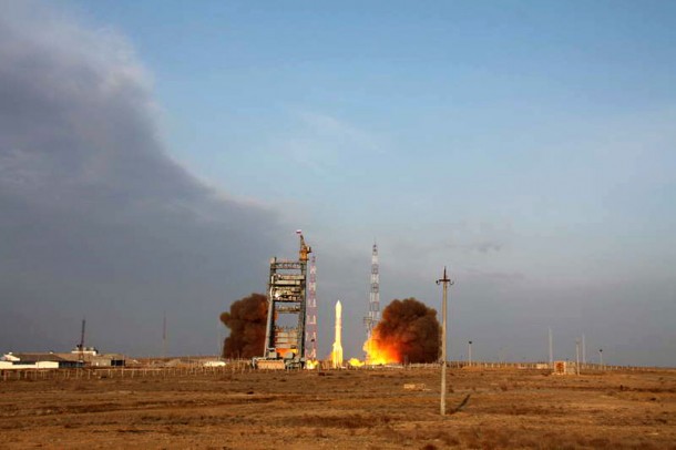 A Proton M booster rocket with three Glonass M navigation satellites blasting off from Baikonur Space Center. Credit: Roscosmos A Proton M booster rocket with three Glonass M navigation satellites blasting off from Baikonur Space Center. Credit: Roscosmos