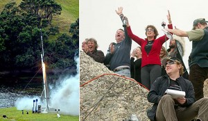 Left: Atea-One rocket launches. Right: Mark Rocket watches the Rocket head to space as observers including Sir Michael Faye and Lady Sarah Faye celebrate. Credit: Peter Drury/Waikato Times Left: Atea-One rocket launches. Right: Mark Rocket watches the Rocket head to space as observers including Sir Michael Faye and Lady Sarah Faye celebrate. Credit: Peter Drury/Waikato Times