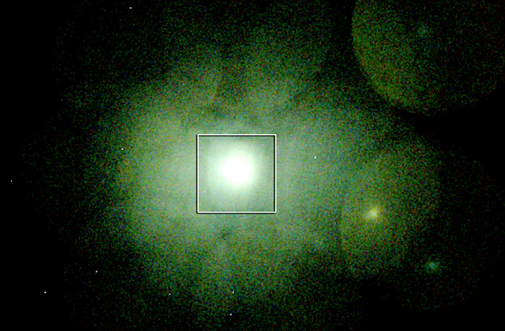 This image from the Japanese Advanced Satellite for Cosmology and Astrophysics shows the X-ray glow of the 100-million-degree Fahrenheit gas that fills the Perseus cluster. The white box indicates the area explored by the Suzaku X-ray telescope to detect chromium and manganese. The image is about two degrees wide, or four times the apparent width of a full moon. Credit: JAXA This image from the Japanese Advanced Satellite for Cosmology and Astrophysics shows the X-ray glow of the 100-million-degree Fahrenheit gas that fills the Perseus cluster. The white box indicates the area explored by the Suzaku X-ray telescope to detect chromium and manganese. The image is about two degrees wide, or four times the apparent width of a full moon. Credit: JAXA