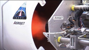 The Ares I first prototype thruster test was conducted at Aerojet in Sacramento, Calif. Image credit: Aerojet The Ares I first prototype thruster test was conducted at Aerojet in Sacramento, Calif. Image credit: Aerojet