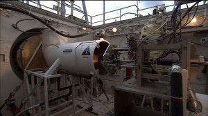 Hot fire testing for the first of two prototype Ares I roll control thrusters. Image credit: Aerojet Hot fire testing for the first of two prototype Ares I roll control thrusters. Image credit: Aerojet
