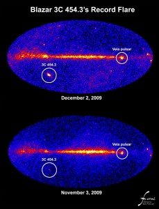 Unprecedented flares from the blazar 3C 454.3 in the constellation Pegasus now make it the brightest persistent gamma-ray source in the sky.Credit: NASA Unprecedented flares from the blazar 3C 454.3 in the constellation Pegasus now make it the brightest persistent gamma-ray source in the sky.Credit: NASA