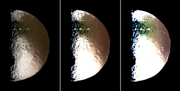 Three different false-color views of Saturn's moon Iapetus show the boundary of the global "color dichotomy" on the hemisphere of this moon facing away from Saturn. Credit: NASA/JPL Three different false-color views of Saturn's moon Iapetus show the boundary of the global "color dichotomy" on the hemisphere of this moon facing away from Saturn. Credit: NASA/JPL