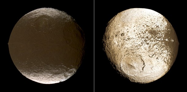 These two global images of Iapetus show the extreme brightness dichotomy on the surface of this peculiar Saturnian moon. Credit: NASA/JPL These two global images of Iapetus show the extreme brightness dichotomy on the surface of this peculiar Saturnian moon. Credit: NASA/JPL