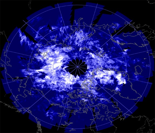 This image of Polar Mesospheric Clouds (PMC) from the Aeronomy of Ice in the Mesosphere Cloud Imaging and Particle Size (AIM-CIPS) instrument on July 14, 2009 in the northern polar region. The North Pole (90N) is in the center. Latitude bands of 80N, 70N, and 60N are also indicated by the light blue circles. Credit: NASA This image of Polar Mesospheric Clouds (PMC) from the Aeronomy of Ice in the Mesosphere Cloud Imaging and Particle Size (AIM-CIPS) instrument on July 14, 2009 in the northern polar region. The North Pole (90N) is in the center. Latitude bands of 80N, 70N, and 60N are also indicated by the light blue circles. Credit: NASA