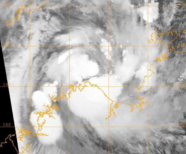 NASA's Terra satellite captured an infrared image of Tropical Storm Laurence on Dec. 14 at 1343 UTC (8:43 a.m. ET), when it was west-northwest of Darwin, Australia. Satellite imagery showed a disorganized storm. Credit: NASA/JTWC NASA's Terra satellite captured an infrared image of Tropical Storm Laurence on Dec. 14 at 1343 UTC (8:43 a.m. ET), when it was west-northwest of Darwin, Australia. Satellite imagery showed a disorganized storm. Credit: NASA/JTWC