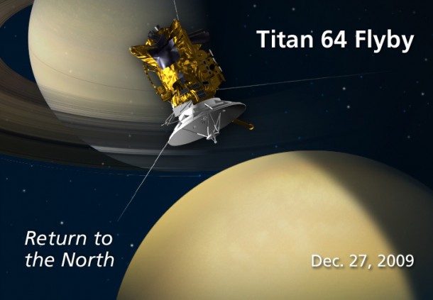 Artist concept of NASA's Cassini spacecraft flying by the north polar region of Saturn's moon Titan on Dec. 27. Credit: NASA/JPL Artist concept of NASA's Cassini spacecraft flying by the north polar region of Saturn's moon Titan on Dec. 27. Credit: NASA/JPL
