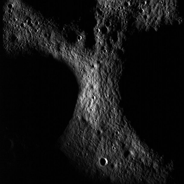 A junction between the rims of three craters on the floor of Peary crater near the lunar north pole is evident in this image. Note the mottled texture of the regolith. Peary is a key exploration site for future astronauts due its proximity to potential resources. Credit:NASA A junction between the rims of three craters on the floor of Peary crater near the lunar north pole is evident in this image. Note the mottled texture of the regolith. Peary is a key exploration site for future astronauts due its proximity to potential resources. Credit:NASA