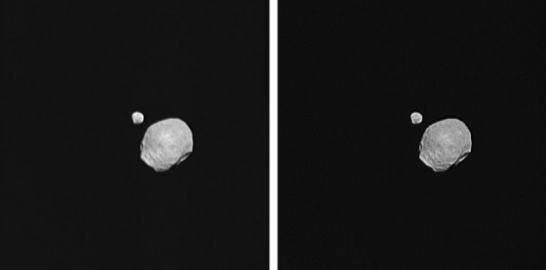 In a first, ESA’s Mars Express orbiter imaged the martian moons Phobos and Deimos together on 5 November 2009. Apart from their ‘wow’ factor, these unique images will help the HRSC team validate and refine existing orbit models of the two moons. Credits: ESA/DLR In a first, ESA’s Mars Express orbiter imaged the martian moons Phobos and Deimos together on 5 November 2009. Apart from their ‘wow’ factor, these unique images will help the HRSC team validate and refine existing orbit models of the two moons. Credits: ESA/DLR