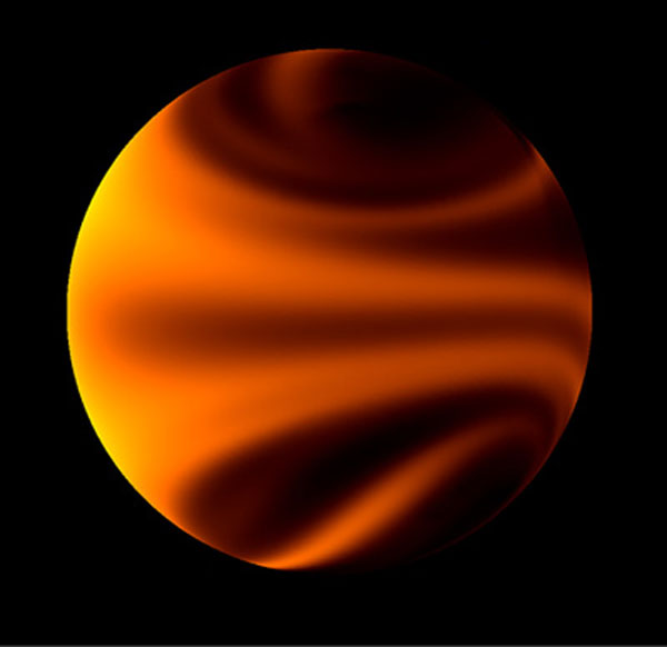 This image from a simulation of atmospheric flow shows temperature patterns on one of the newly discovered planets (61Virb), which is hot enough that it glows with its own thermal emission. Credit: J. Langton, Principia College. This image from a simulation of atmospheric flow shows temperature patterns on one of the newly discovered planets (61Virb), which is hot enough that it glows with its own thermal emission. A movie of the simulation is posted at the bottom of this story, showing global atmospheric flow for one full orbit of the planet around its star. Credit: J. Langton, Principia College.