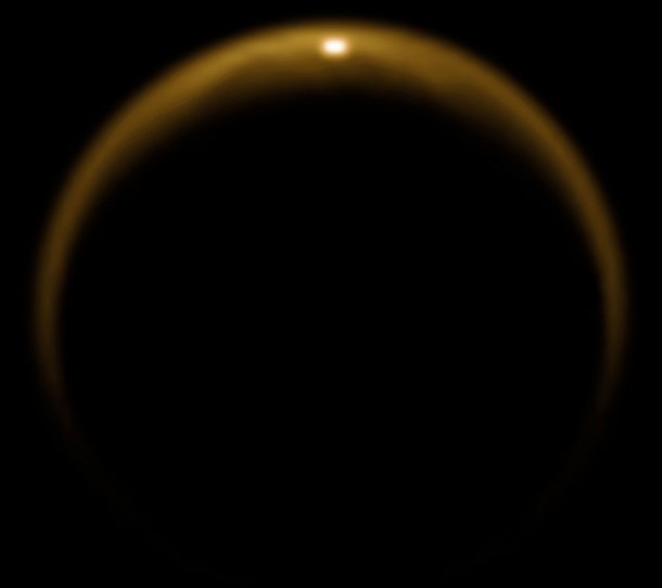 This image shows the first flash of sunlight reflected off a lake on Saturn's moon Titan. Credit: NASA This image shows the first flash of sunlight reflected off a lake on Saturn's moon Titan. Credit: NASA