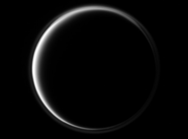 A circle of light is produced by sunlight scattering through the periphery of Titan's atmosphere. Credit: NASA A circle of light is produced by sunlight scattering through the periphery of Titan's atmosphere. Credit: NASA