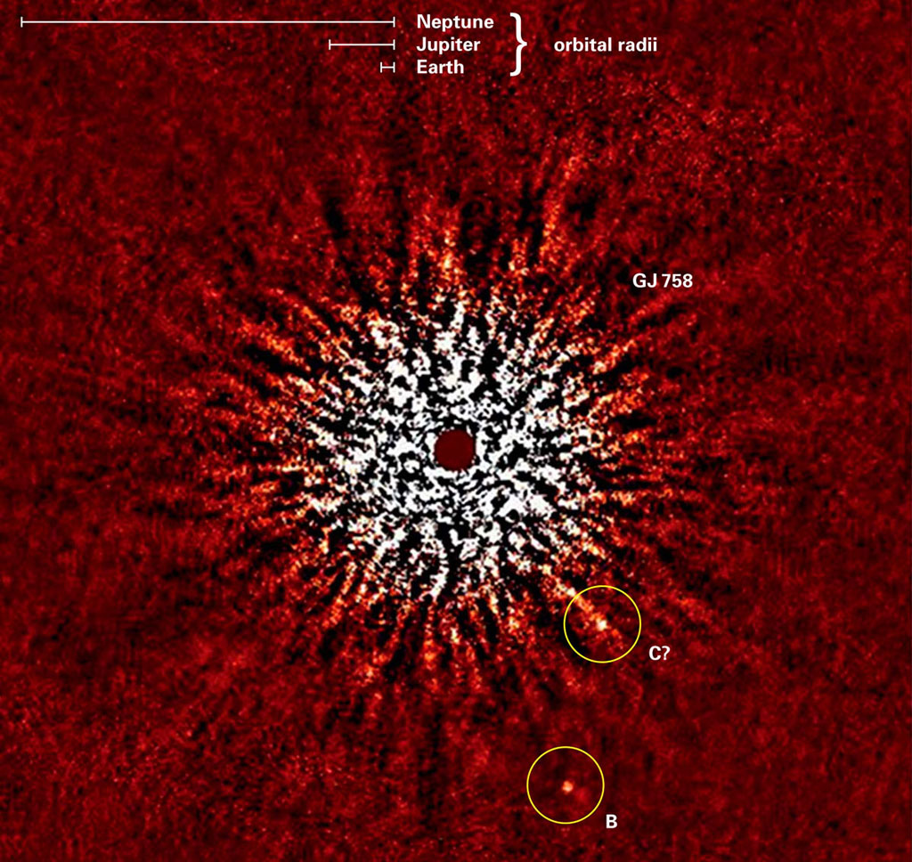 The August 2009 discovery image of GJ 758 B, taken with Subaru HiCIAO in the near infrared. Without the special technique employed here (angular differential imaging), the star's glare would overwhelm the signals from the planet candidates. Credit: MPIA/NAOJ The August 2009 discovery image of GJ 758 B, taken with Subaru HiCIAO in the near infrared. Without the special technique employed here (angular differential imaging), the star's glare would overwhelm the signals from the planet candidates. Credit: MPIA/NAOJ