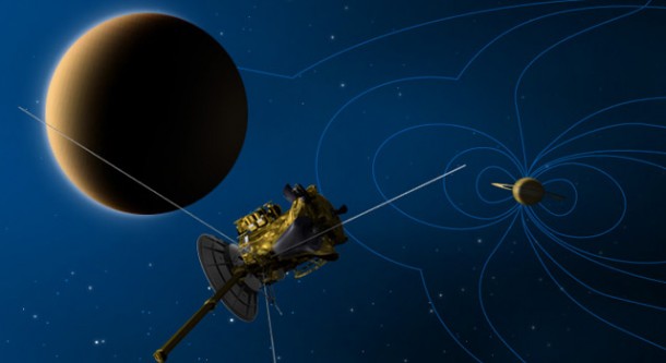 Artist's concept of Cassini's Dec. 11 flyby of Saturn's largest moon, Titan. Image credit: NASA/JPL