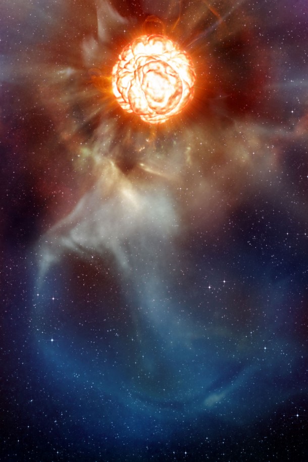 This artist's conception, is a red giant star nearing the end of its life. As it runs out of fuel, it pulses in and out, beating like a giant heart and ejecting shells of material. Credit: ESO This artist's conception, is a red giant star nearing the end of its life. As it runs out of fuel, it pulses in and out, beating like a giant heart and ejecting shells of material. Credit: ESO