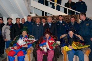 Kazakh authorities give a warm welcome to the Expedition 21 crew members following their return to Earth aboard the Soyuz TMA-15 spacecraft. Pictured, left to right, are Canadian Space Agency astronaut Robert Thirsk, flight engineer; Russian cosmonaut Roman Romanenko, flight engineer; and European Space Agency astronaut Frank De Winne. Credit: ESA/Stephane Corvaja Kazakh authorities give a warm welcome to the Expedition 21 crew members following their return to Earth aboard the Soyuz TMA-15 spacecraft. Pictured, left to right, are Canadian Space Agency astronaut Robert Thirsk, flight engineer; Russian cosmonaut Roman Romanenko, flight engineer; and European Space Agency astronaut Frank De Winne. Credit: ESA/Stephane Corvaja