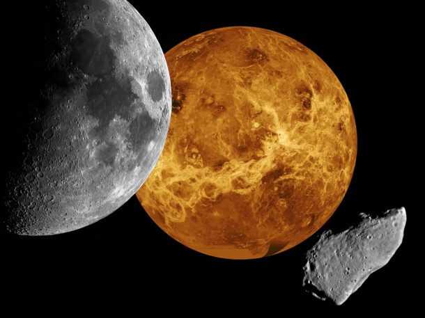 From top to bottom, pictured (not to scale) are the moon, Venus, and an asteroid. These three celestial bodies from our solar system are possible candidates for NASA's next space venture. Credit: NASA/SpaceFellowship From top to bottom, pictured (not to scale) are the moon, Venus, and an asteroid. These three celestial bodies from our solar system are possible candidates for NASA's next space venture. Credit: NASA/SpaceFellowship