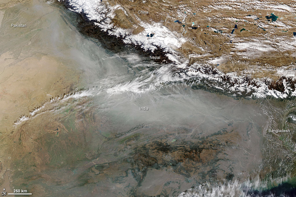 Winter haze is a regular visitor in northern India, the haze piles up along the Himalaya Mountains. Credit: NASA Winter haze is a regular visitor in northern India, the haze piles up along the Himalaya Mountains. Credit: NASA