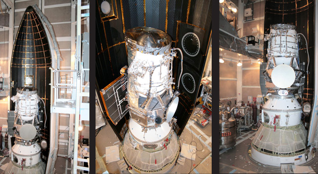 WISE is shown inside one-half of the nose cone, or fairing, that will protect it during launch. The spacecraft is clamped to the top of the rocket above the white conical fitting. The fairing will split open like a clamshell about five minutes after launch. Image credit: United Launch Alliance/ JPL-Caltech WISE is shown inside one-half of the nose cone, or fairing, that will protect it during launch. The spacecraft is clamped to the top of the rocket above the white conical fitting. The fairing will split open like a clamshell about five minutes after launch. Image credit: United Launch Alliance/ JPL-Caltech