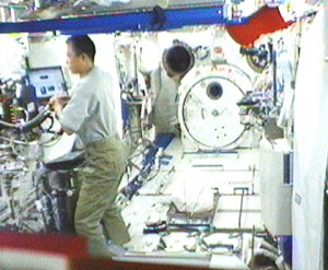 Expedition 22 Flight Engineer Soichi Noguchi works over the weekend with the Marangoni experiment in the Japanese Kibo laboratory of the International Space Station. Credit: NASA TV Expedition 22 Flight Engineer Soichi Noguchi works over the weekend with the Marangoni experiment in the Japanese Kibo laboratory of the International Space Station. Credit: NASA TV