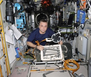 Expedition 22 Flight Engineer Maxim Suraev works with spacewalk equipment in the Zvezda service module of the International Space Station. Credit: NASA Expedition 22 Flight Engineer Maxim Suraev works with spacewalk equipment in the Zvezda service module of the International Space Station. Credit: NASA