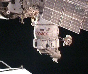Flight Engineers Oleg Kotov and Max Suraev work outside the International Space Station during the first spacewalk of the Expedition 22 mission. Credit: NASA TV Flight Engineers Oleg Kotov and Max Suraev work outside the International Space Station during the first spacewalk of the Expedition 22 mission. Credit: NASA TV
