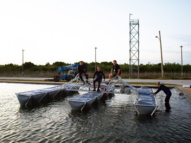 Flotation testing of a portion of the recovery raft that will aid in returning the Falcon 9 first stage to land after flight. Photo credit: SpaceX. Flotation testing of a portion of the recovery raft that will aid in returning the Falcon 9 first stage to land after flight. Photo credit: SpaceX.